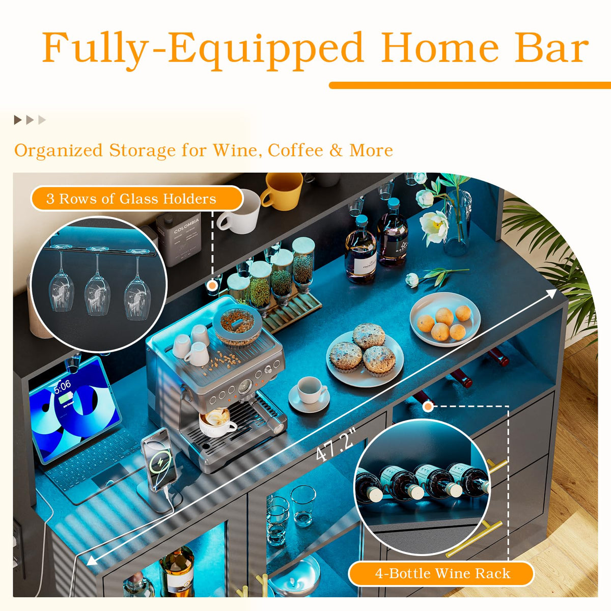 Home Bar Cabinet with Adjustable RGB LED Light, Wine & Coffee Storage with Rack & Drawers, Charging Station, Modern Liquor Cabinet for Living & Dining Room, All-in-One Wine Bar Cabinet (Rustic)
