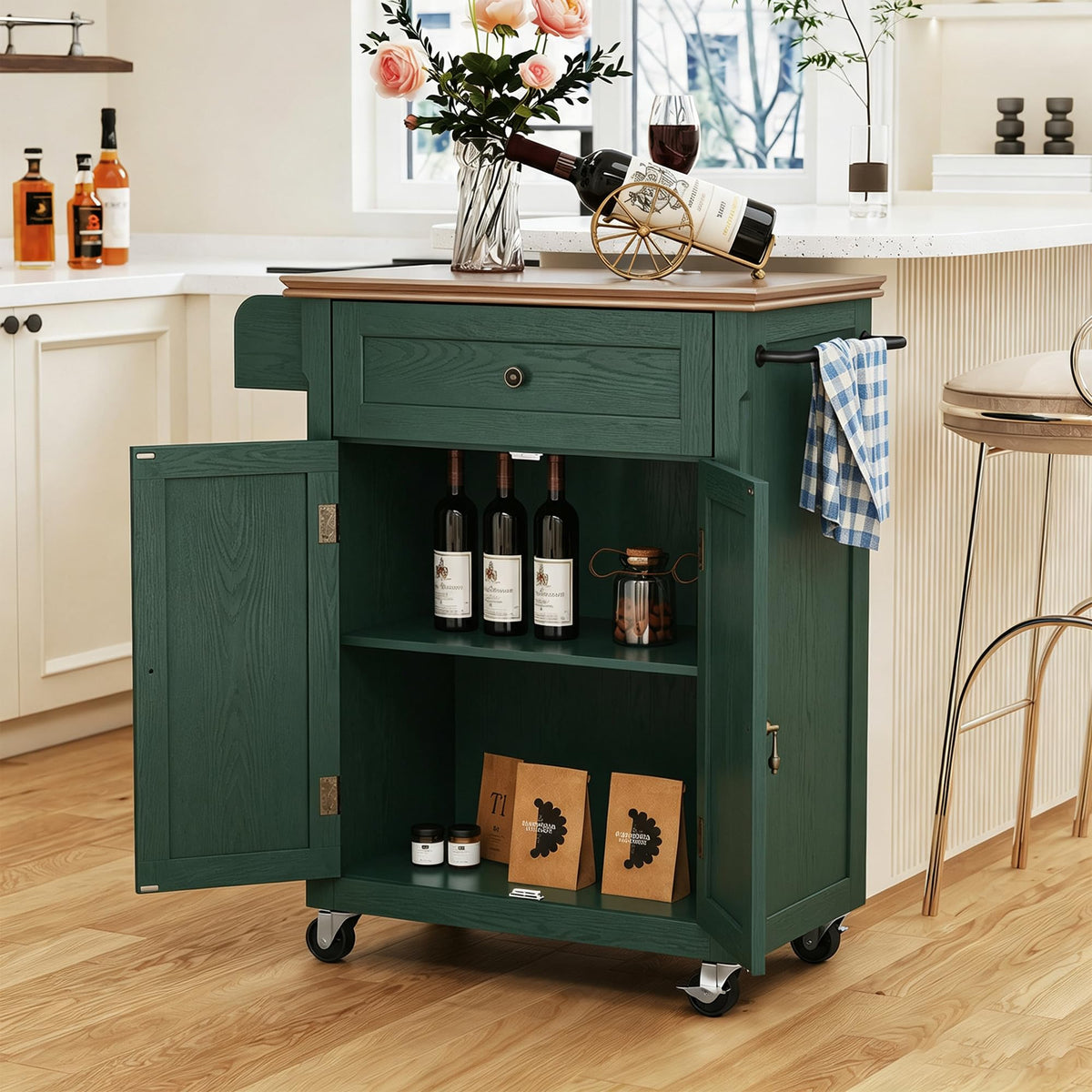 HLR 26'' Small Kitchen Island, Vintage Wood Kitchen Cart on Wheels, Blue