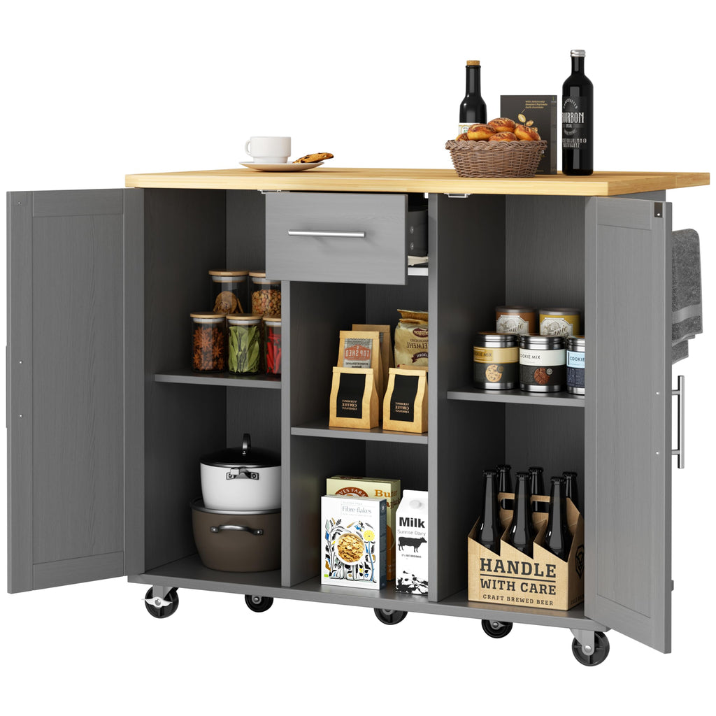 JY QAQA 42" Rolling Kitchen Island Cart with Storage, Drop Leaf Countertop, Drawers & Towel Rack, Mobile Kitchen Table on Wheels for Kitchen Dining Room, White