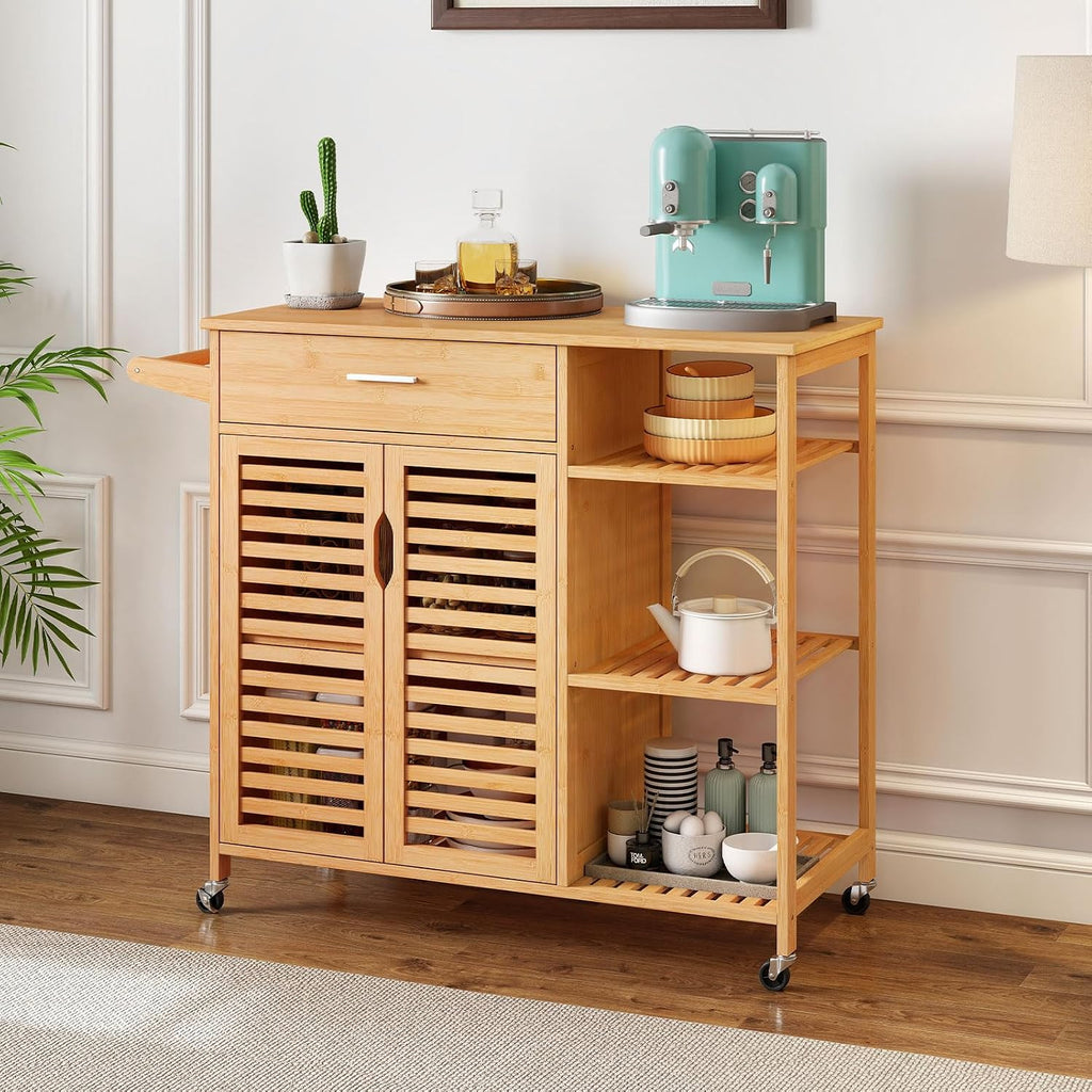 LOKO Mobile Bamboo Kitchen Island Cart, Rolling Storage Sideboard, Natural