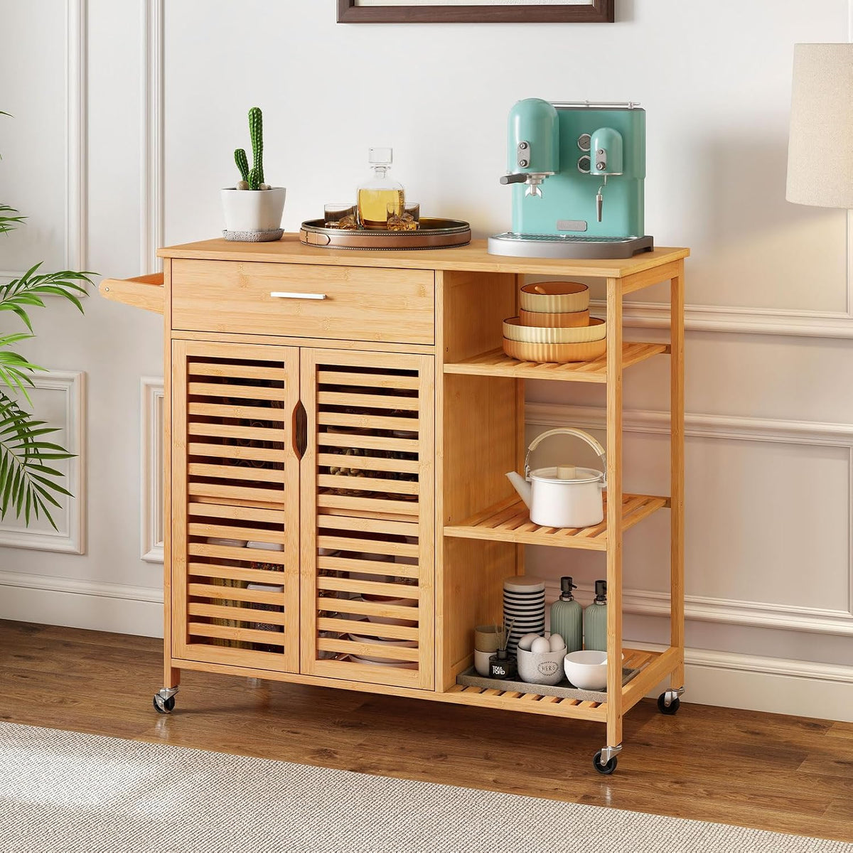 LOKO Mobile Bamboo Kitchen Island Cart, Rolling Storage Sideboard, Natural