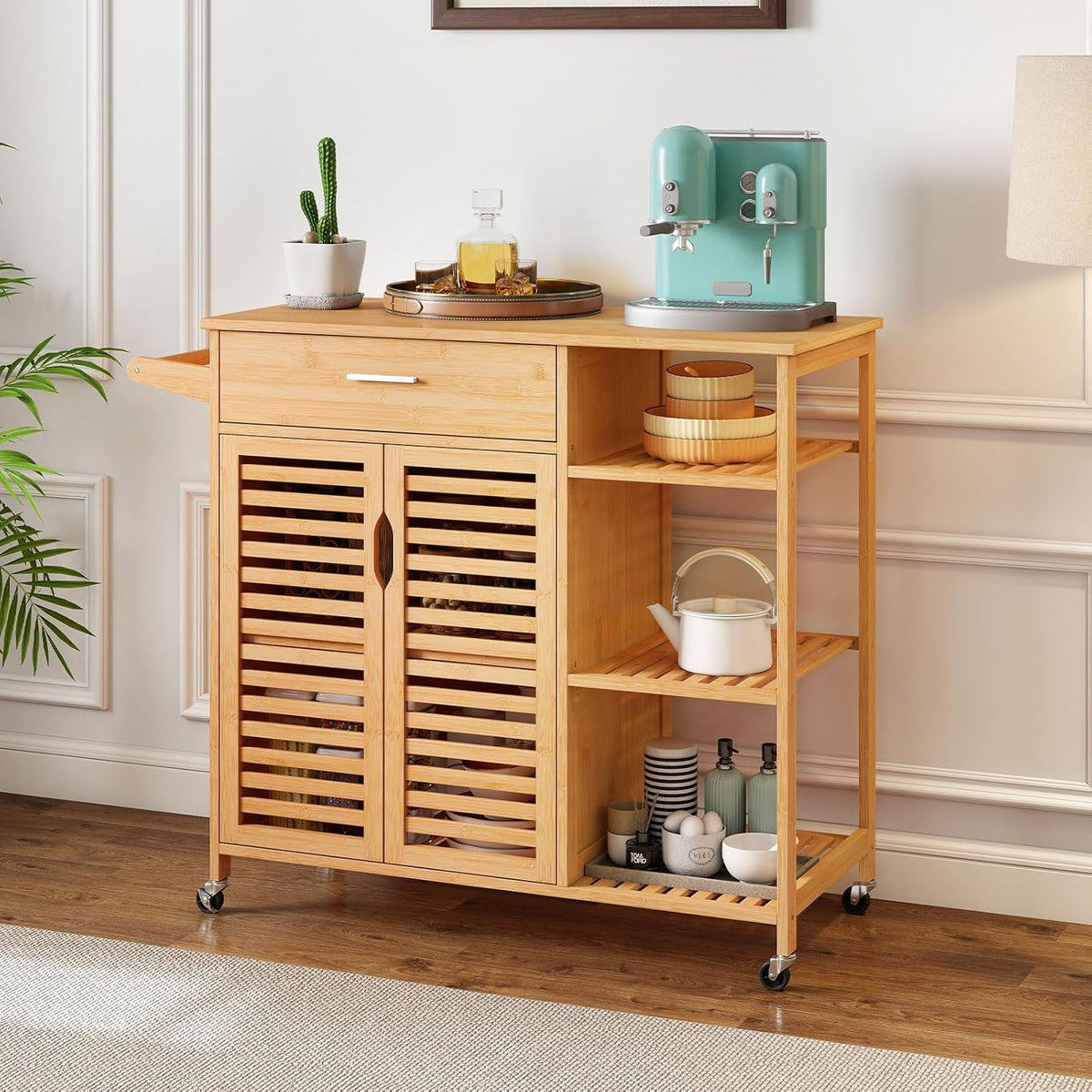 Bamboo Kitchen Island Cart with Storage, Rolling Butcher Block