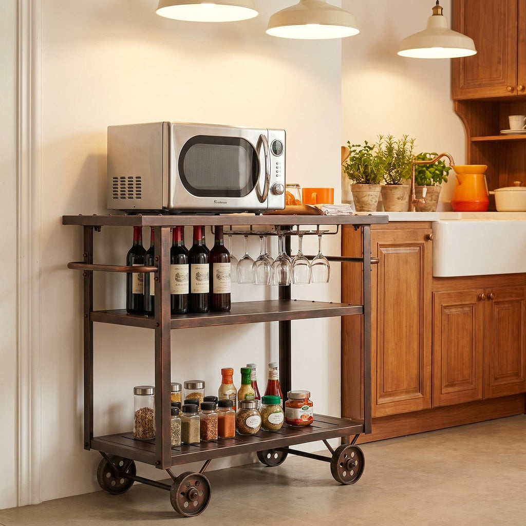 Vintage Rolling Bar Cart on Wheels Industrial Mobile Serving Cart Metal and Wood Design for Kitchen Bar Office Coffee House 36.2" Lx15.75 Wx30.5 H 3 Tier with 2 Side Handle