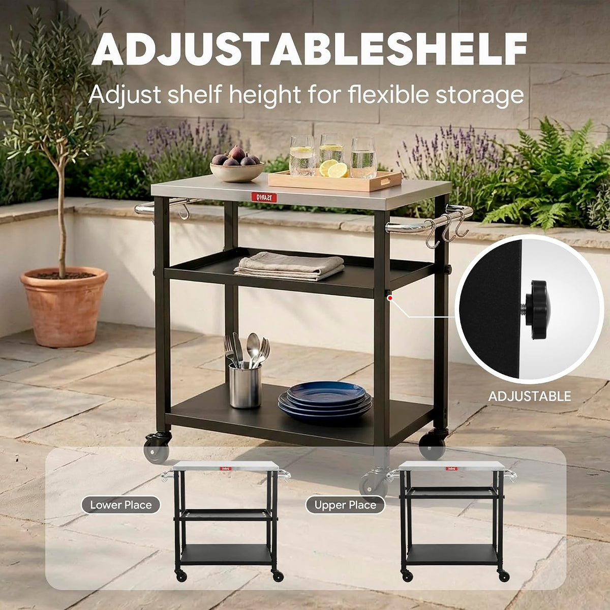 Feasto 3-Tier Outdoor Grill Cart, 26.6" x 16.1" Rolling Pizza Oven Table