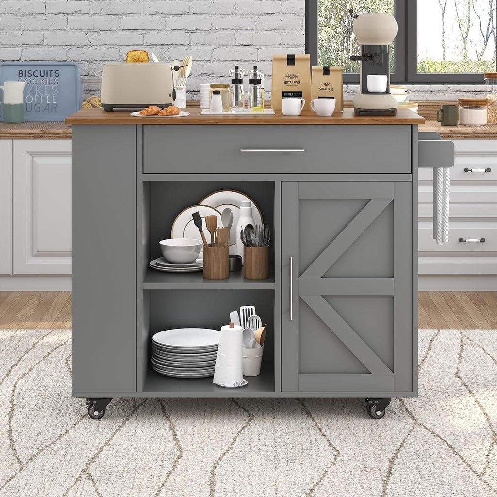 39'' Kitchen Island with Storage, Rolling Kitchen Island on Wheels, Grey
