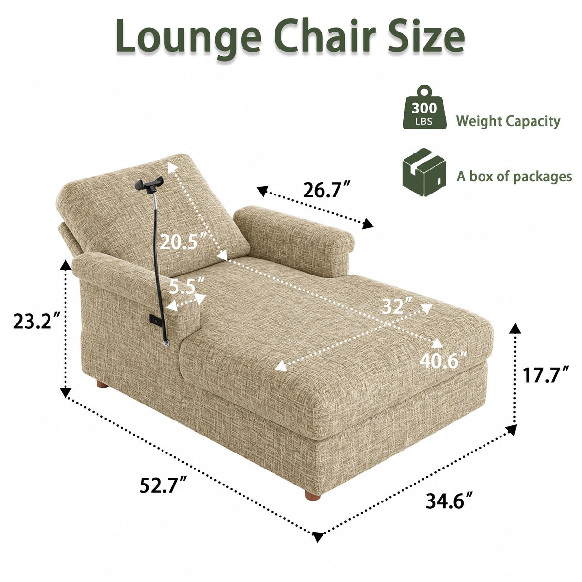 EJUNQ 66.5" Oversized Chaise Lounge Chair Indoorï¼Cozy Sofa Bed with Phone Holder and USB Chargerï¼Upholstered Deep Seat Sleeper Sofa Bedï¼Comfy Single Sofa Armchair for Living Room, Grey