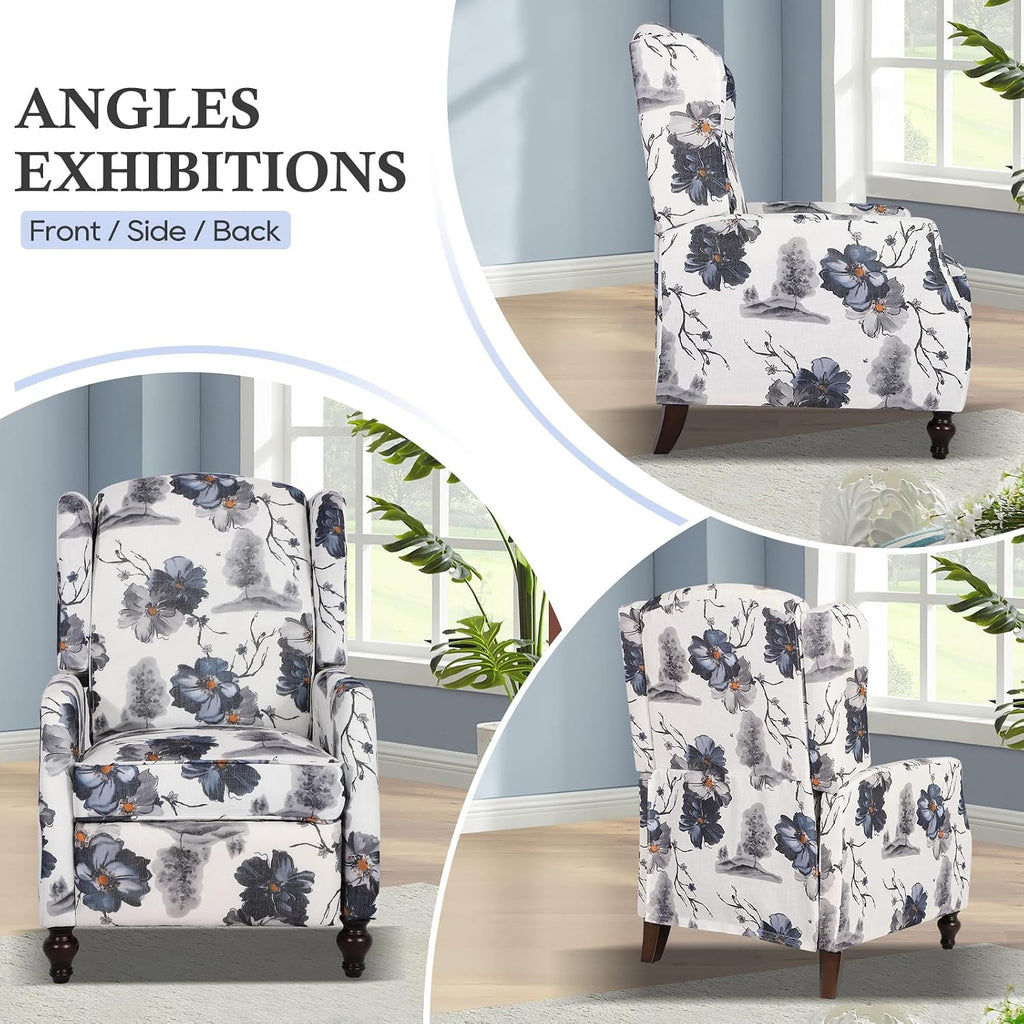 Wingback Recliner Chair - Tufted Arm Chair Recliner - Fabric Push Back Single Sofa for Living Room Adjustable Backrest (Blue Floral)
