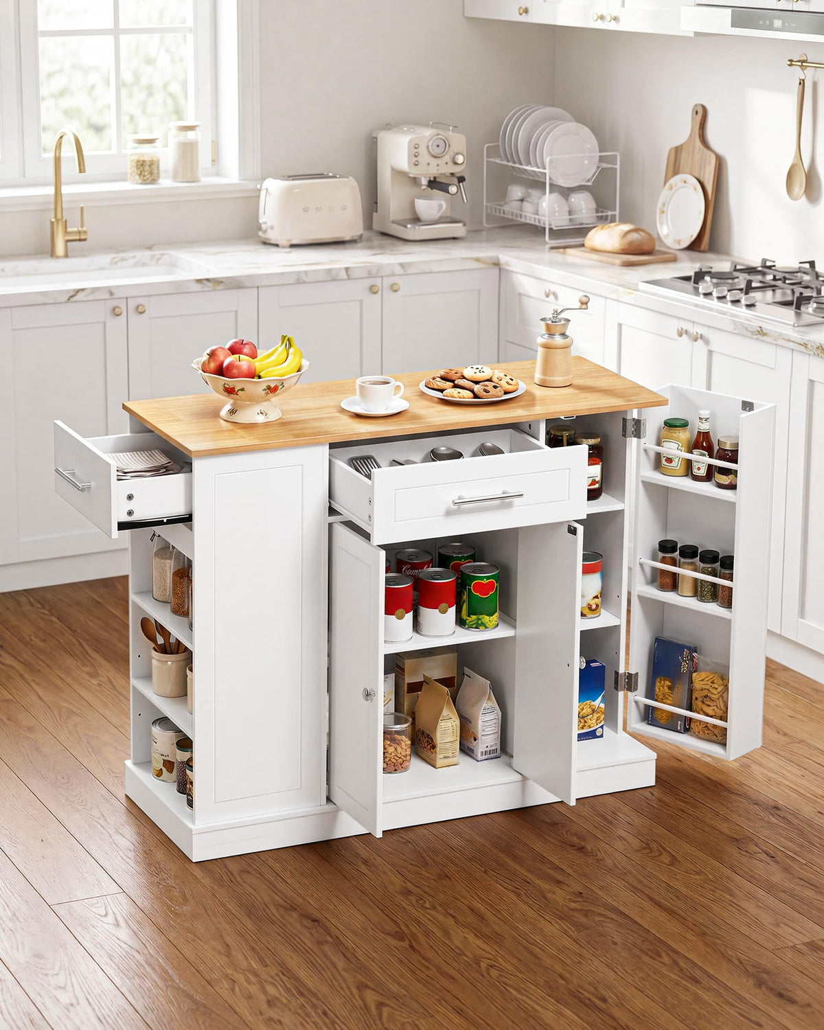 VEVOR Kitchen Island Cart with Storage, 47.64 in Wide Mobile Rolling Storage Island on Swivel Wheels, with 2 Drawers, Storage Cabinet, Drop Leaf, Towel Rack, Table for Home Dining Room, White