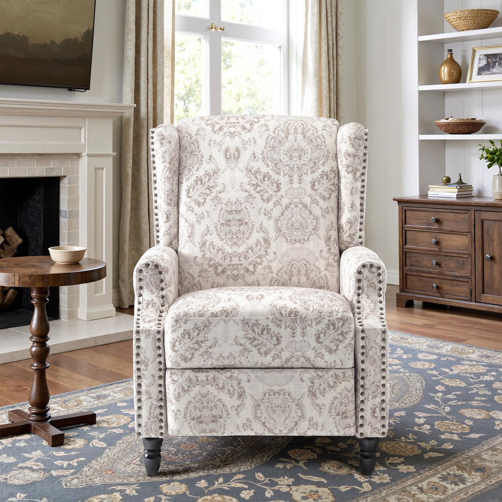 Wingback Floral Pushback Recliner Chair, Plants Beige, Set of 2