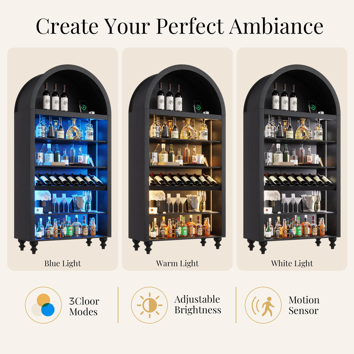 71" Tall Arched Wine Bar Cabinet with Wine Racks & Glass Holder, Wide Liquor Cabinets with LED Lights & Charing Ports, Kitchen Pantry Cupboard, Coffee Bar Storage Cabinet for Home, Dining Room (Oak)