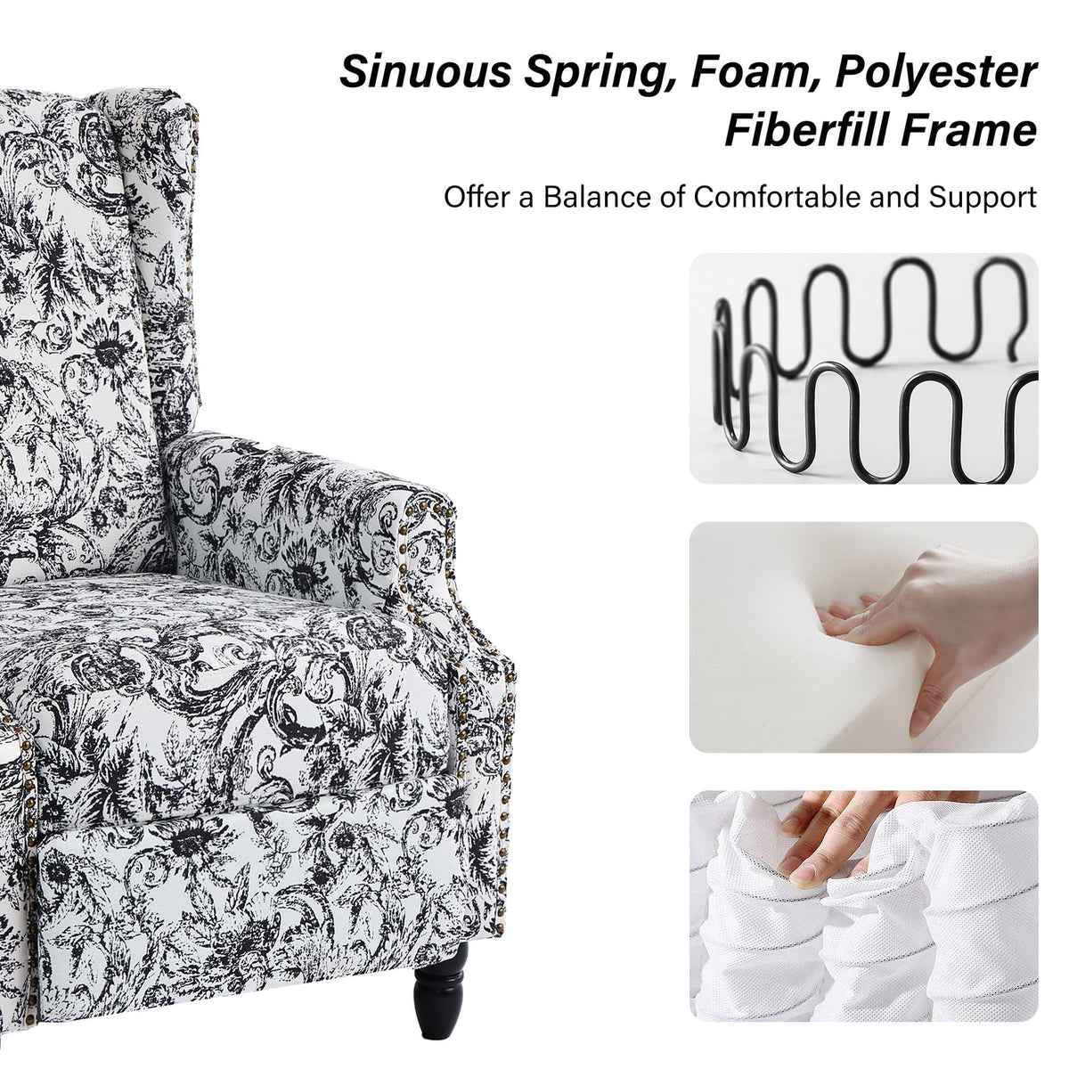 Wingback Floral Pushback Recliner Chair, Plants Beige, Set of 2