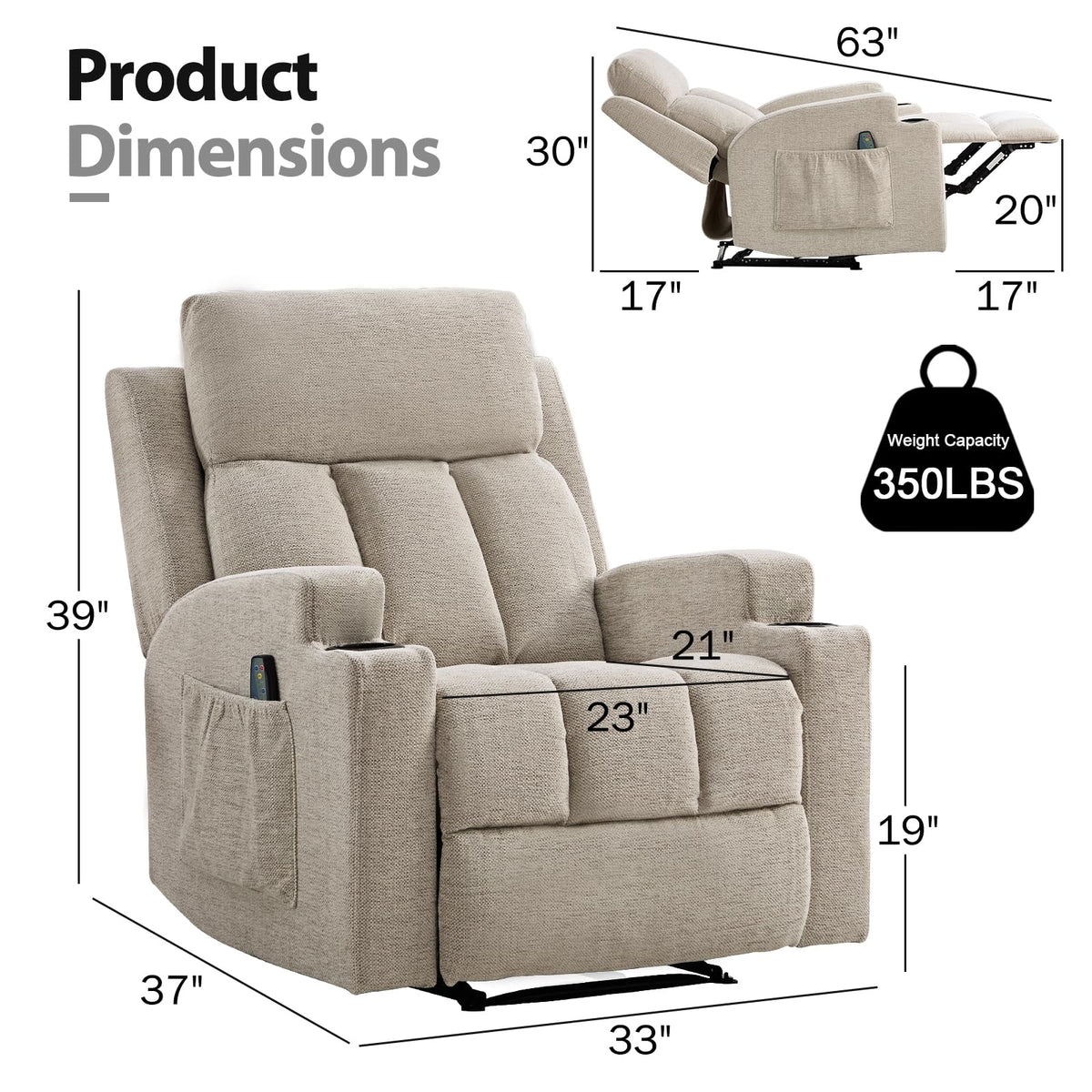 CANMOV Manual Recliner Chair with Massage and Heat, Soft Fabric Recliner Chair with Overstuffed Arm and Back, Manual Reclining Single Sofa with 2 Cup Holders, Side Pocket for Living Room, Dark Grey