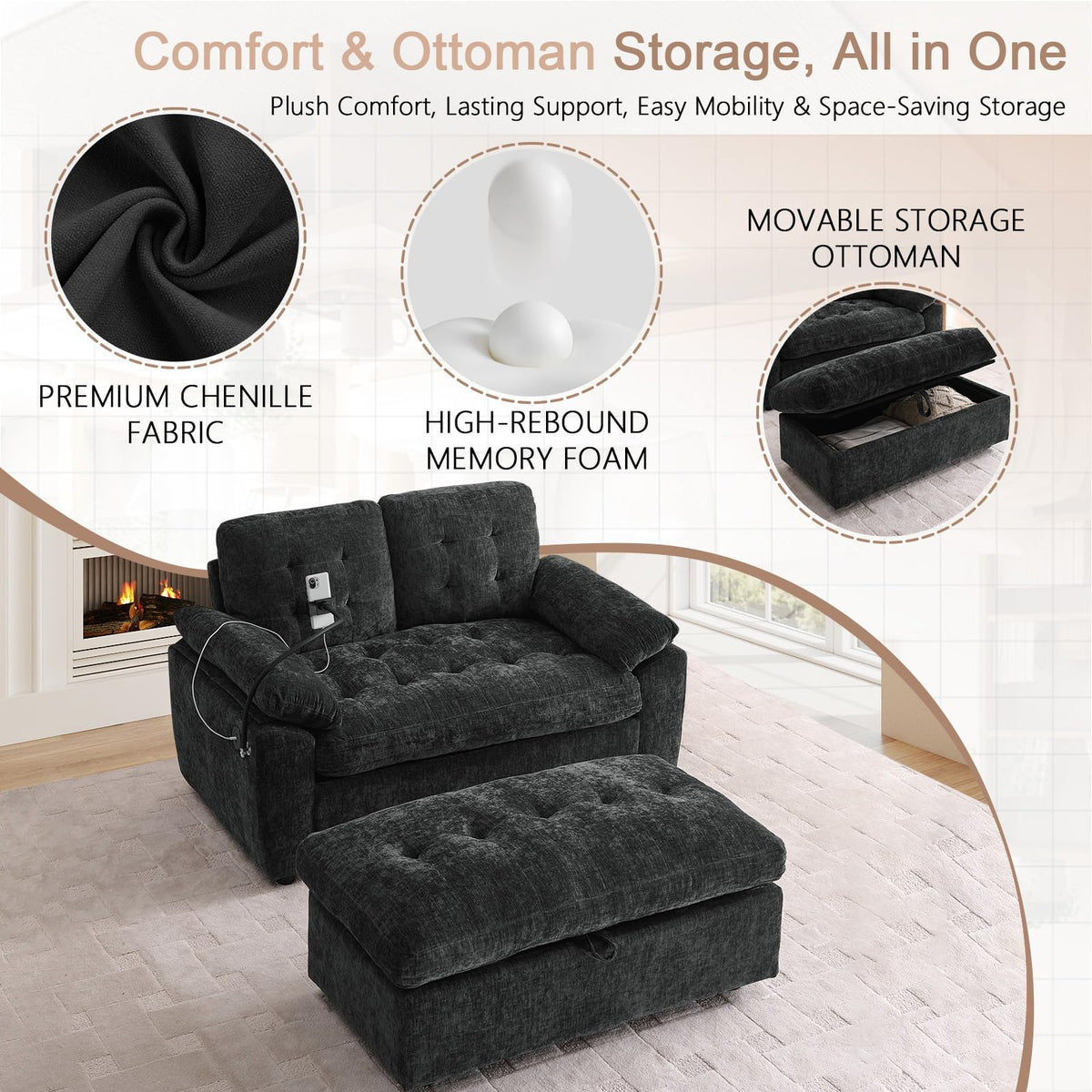 Oversized Chaise Lounge Chair Indoor, Single Convertible Recliner Reading Arm Sofa Chair W/Adjustable Backrest & Charging Port Couch Bed for Living Room, Home Theater & Bedroom, Brown