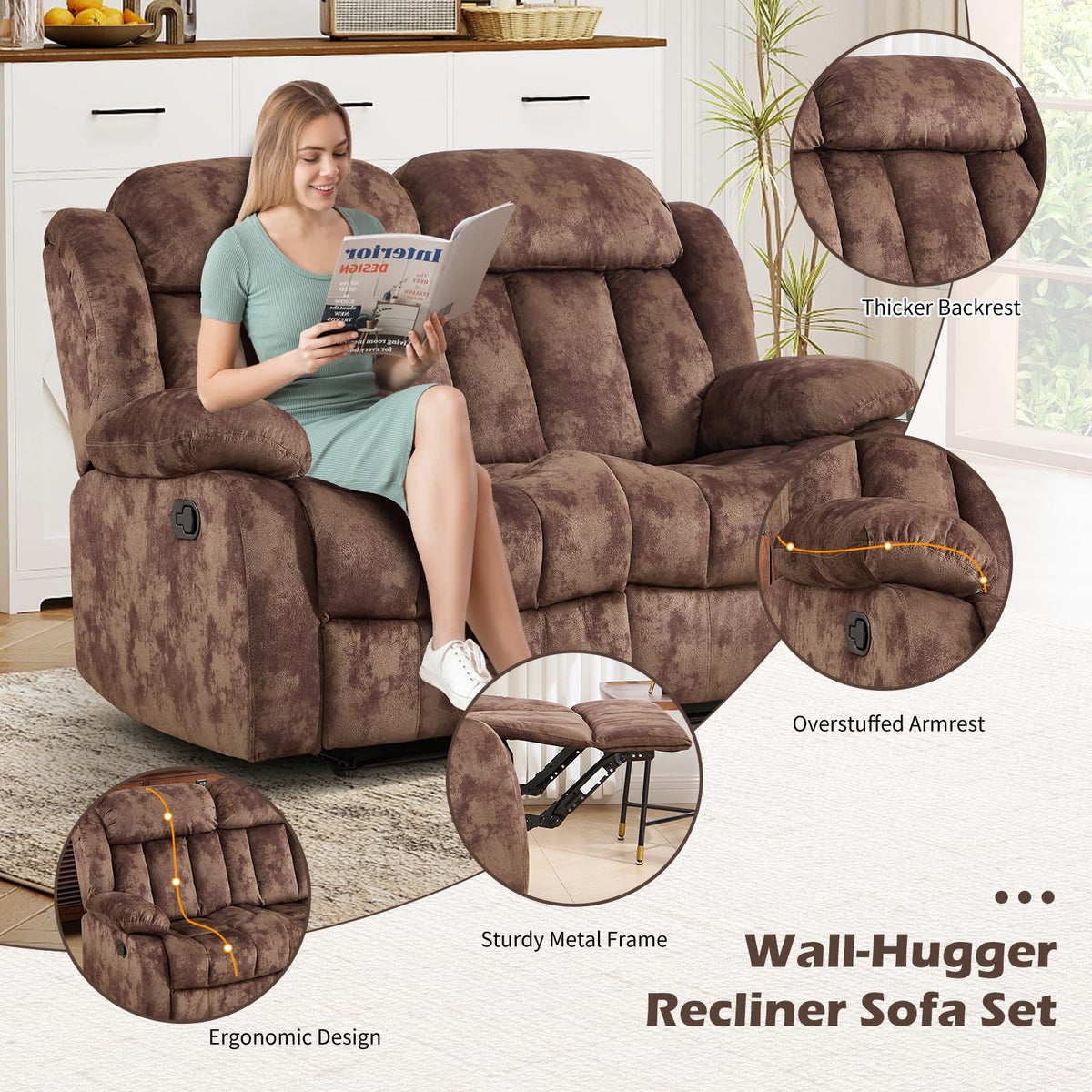 INZOY Manual Recliner Chair with Padded Armrest, Wall-Hugger Single Sofa Recliners with Overstuffed Back, Classical Fabric Reclining Chairs for Living Room Theater Seating, Brown