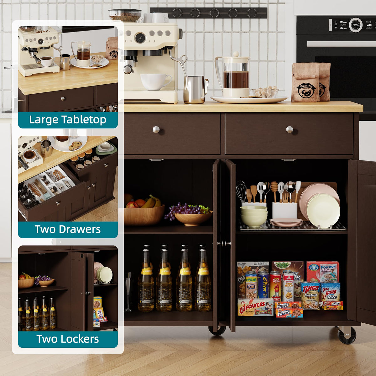 Shintenchi Kitchen Island with Drop Leaf, Rolling Kitchen Cart with Storage on Wheels, Table Bar Cart for Kitchen with Towel Rack & Seating Area for Dining Room, White