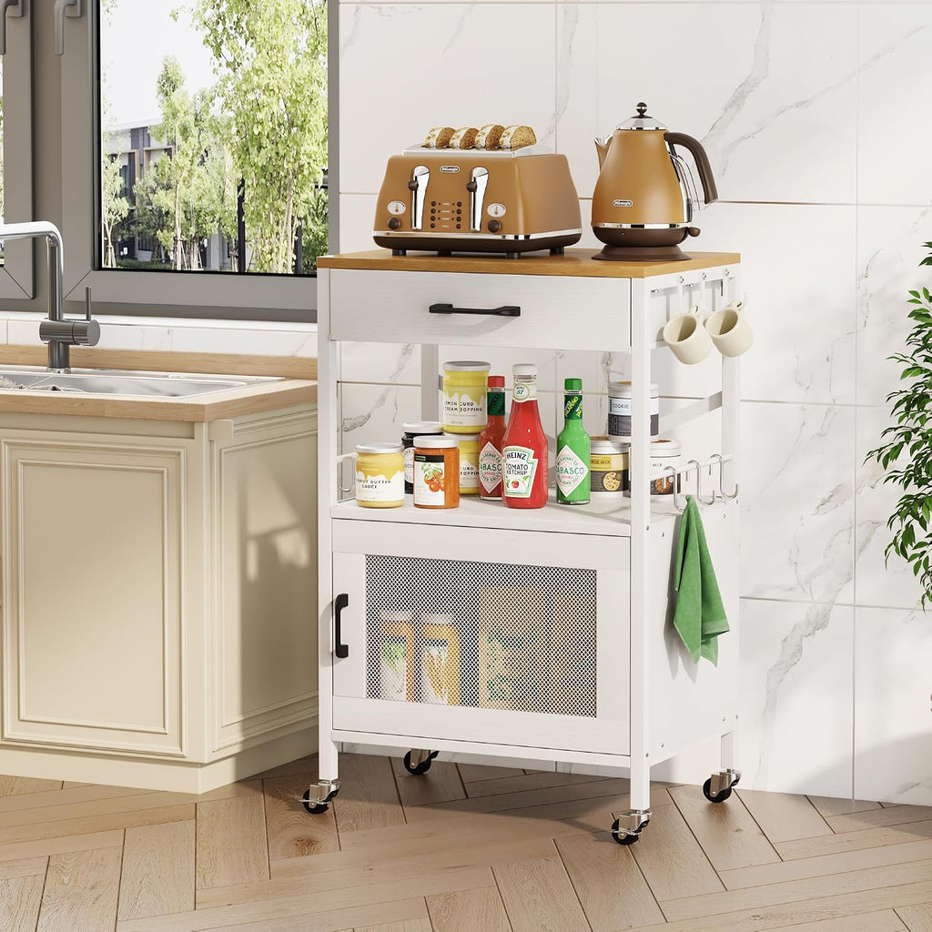 Homeiju Kitchen Island Cart, Kitchen Storage Cart with Drawer, Microwaves Stand, Coffee Cart, Rolling Kitchen Cabinet Cart with Hooks for Kitchen, Dining Room, White