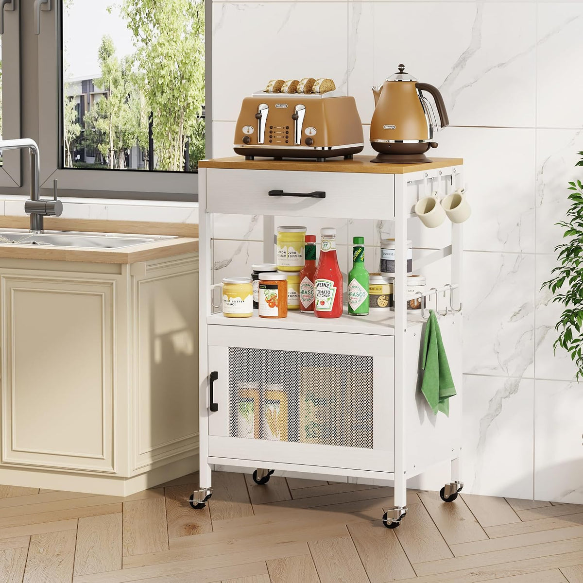 Homeiju Kitchen Island Cart, Kitchen Storage Cart with Drawer, Microwaves Stand, Coffee Cart, Rolling Kitchen Cabinet Cart with Hooks for Kitchen, Dining Room, White