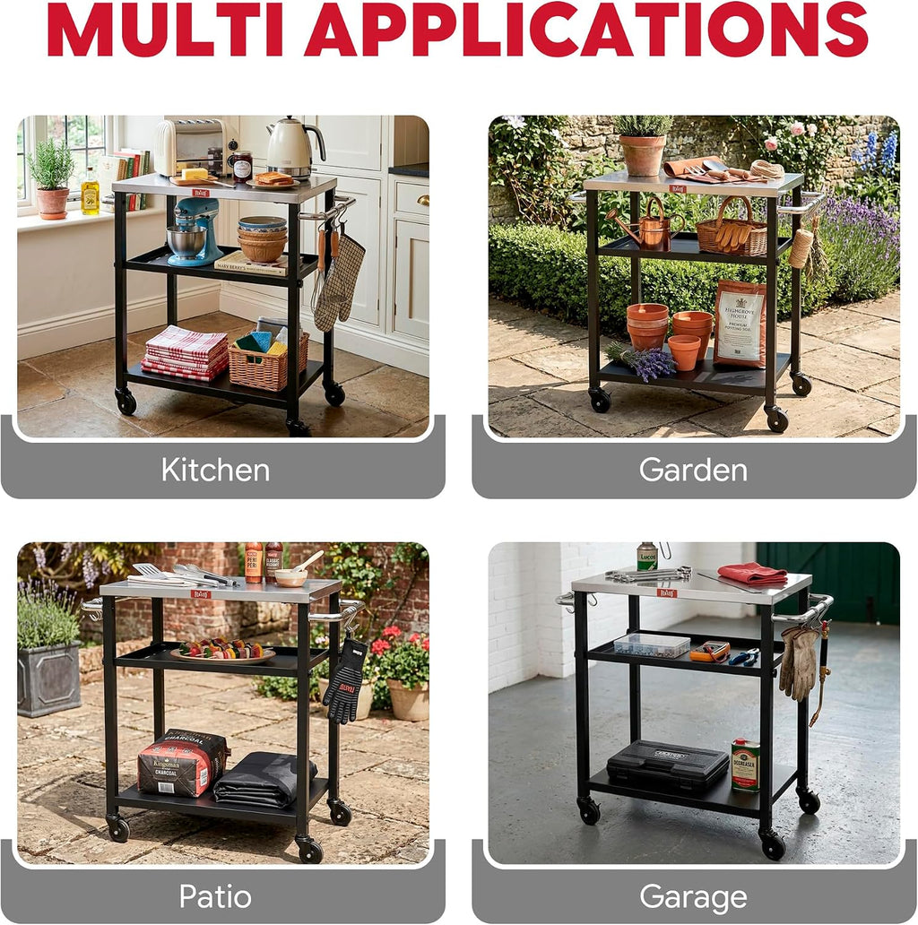 Feasto 3-Tier Outdoor Grill Cart, 26.6" x 16.1" Rolling Pizza Oven Table