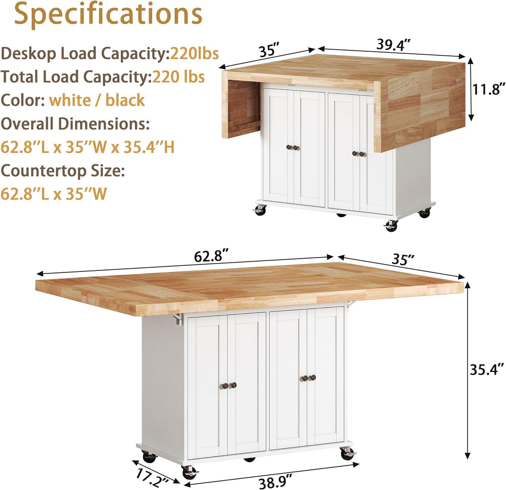 62.8" Rolling Kitchen Island with Double Drop Leaf Rubberwood Countertop, Mobile Kitchen Cart with Storage Cabinet & Lockable Wheels, Space-Saving Foldable Kitchen Prep Station for Dining Room, White