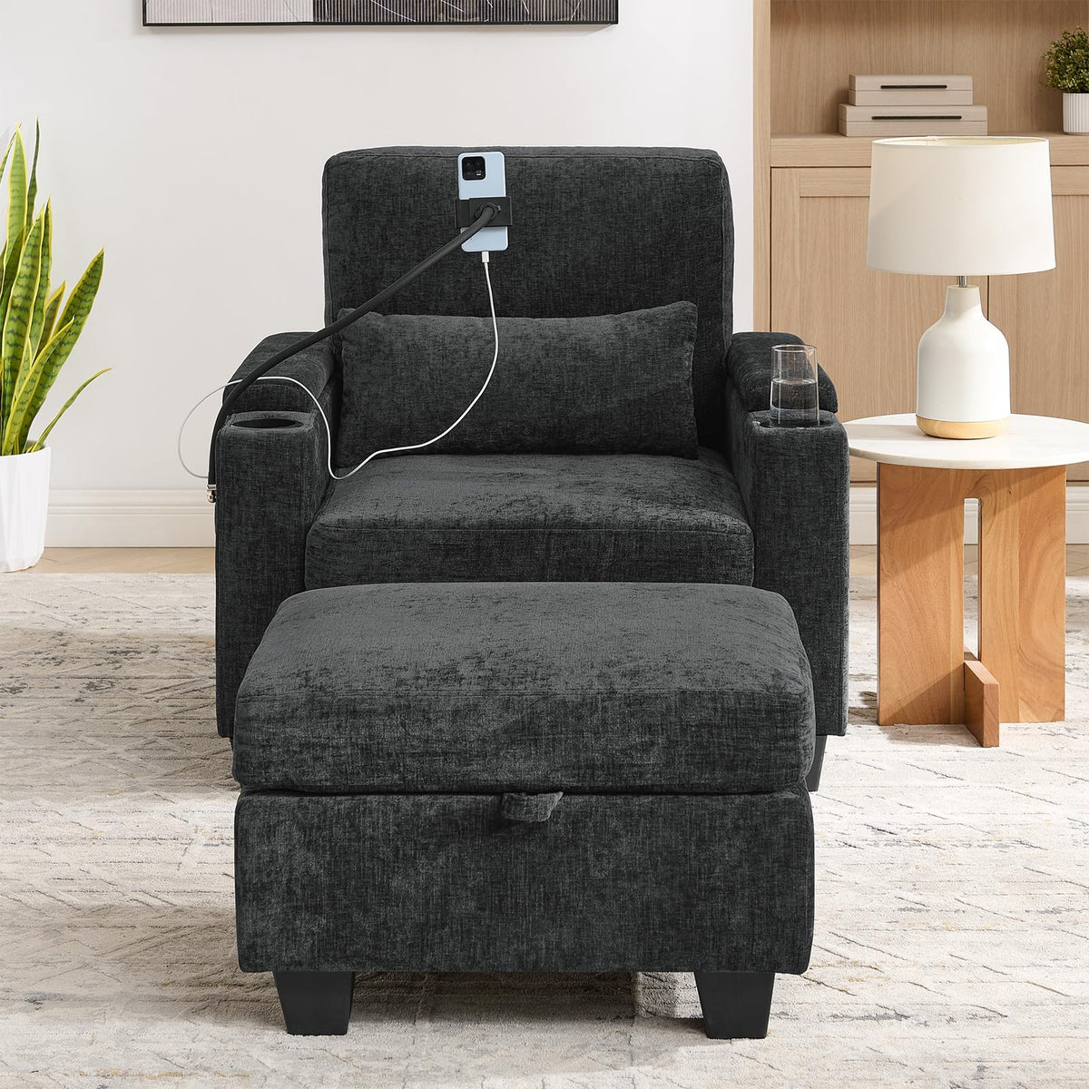 Oversized Chaise Lounge Chair Indoor, Single Convertible Recliner Reading Arm Sofa Chair W/Adjustable Backrest & Charging Port Couch Bed for Living Room, Home Theater & Bedroom, Brown