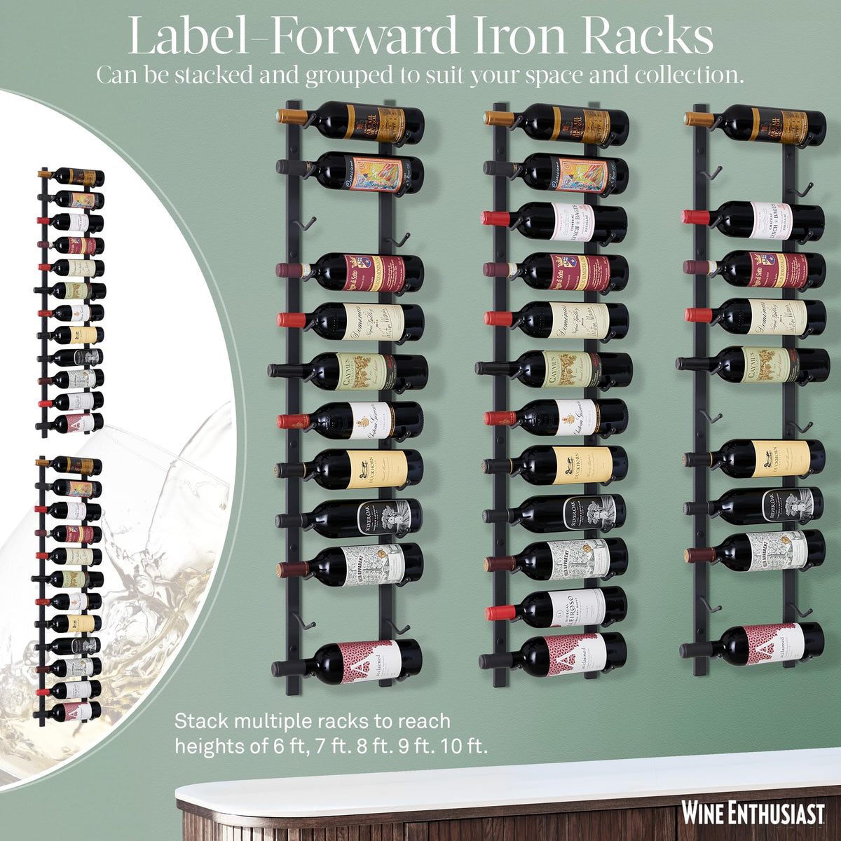 Wine Enthusiast N'FINITY 18 Bottle Wall Mounted Metal Wine Rack â Label Forward Wine Rack with Easy Installation - 3' Tall, 2 Column Deep (Black)