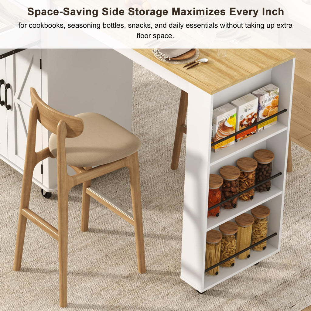 81.6"-51" Extendable Rolling Kitchen Island with Extended Dining Table & Power Outlet, Mobile Kitchen Storage Islands with Trash Cabinet, Large Islands Cart with Storage and 2 Seatings, Black