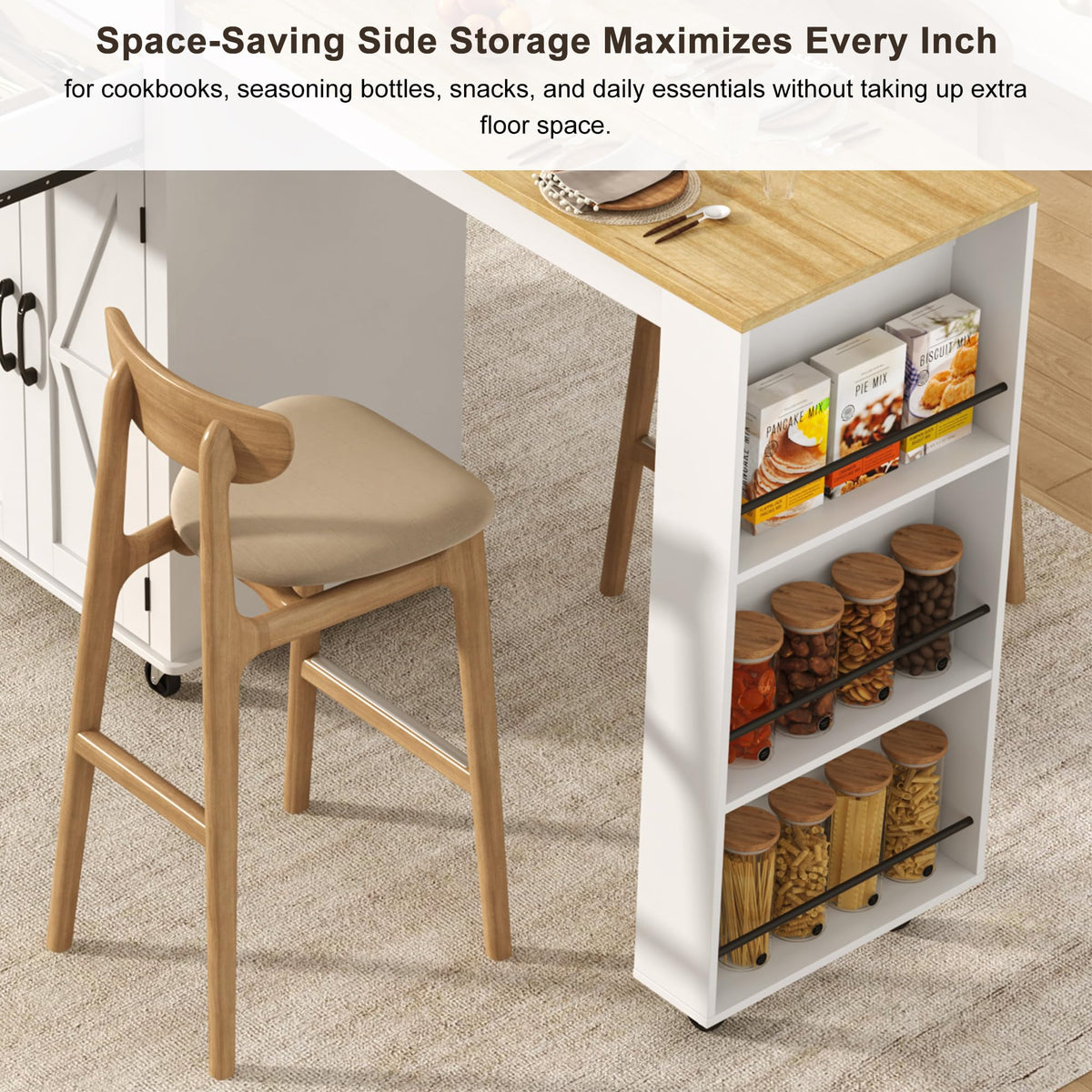 81.6"-51" Extendable Rolling Kitchen Island with Extended Dining Table & Power Outlet, Mobile Kitchen Storage Islands with Trash Cabinet, Large Islands Cart with Storage and 2 Seatings, Black