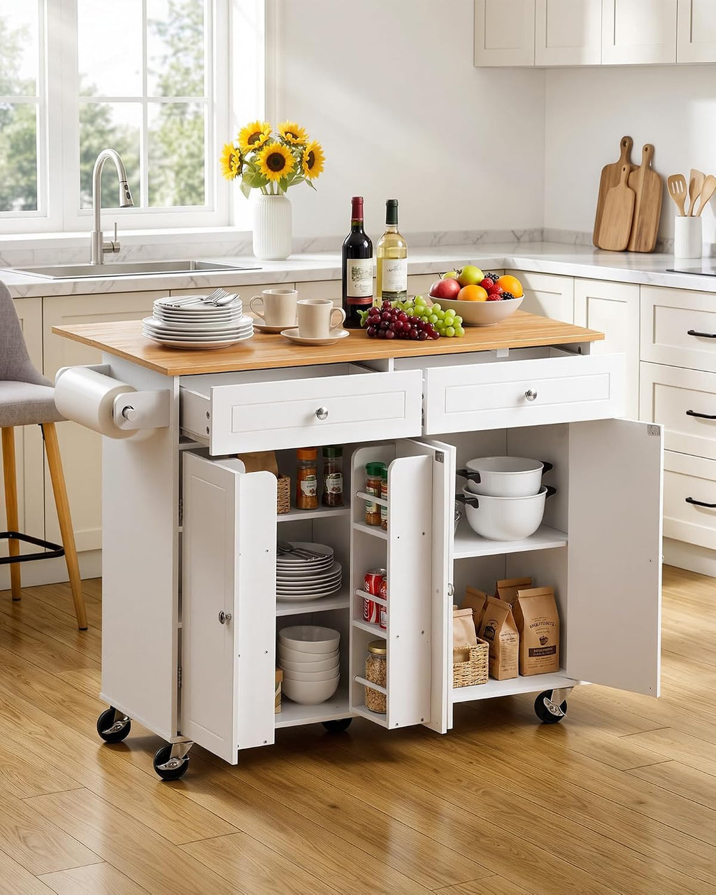 VEVOR Kitchen Island Cart with Storage, 47.64 in Wide Mobile Rolling Storage Island on Swivel Wheels, with 2 Drawers, Storage Cabinet, Drop Leaf, Towel Rack, Table for Home Dining Room, White