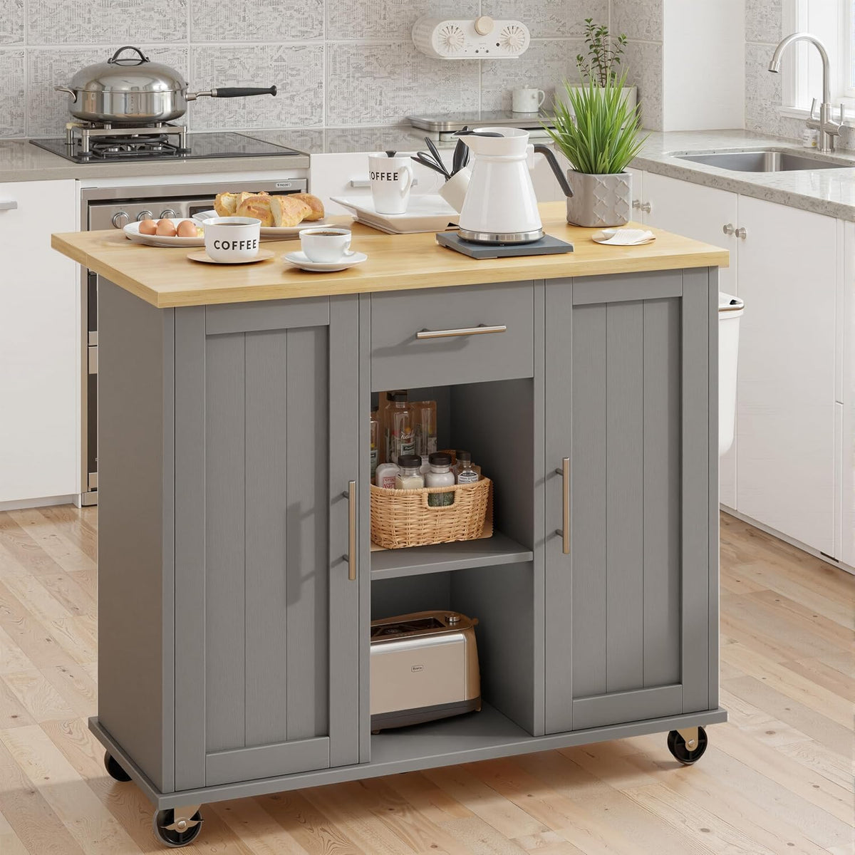 SUNLEI Rolling Kitchen Island Cart with Wheels, Island Table for Kitchen, Farmhouse Kitchen Cart with Drop Leaf & Towel Rack & Drawer, Kitchen Islands Table with Storage Cabinet, Grey