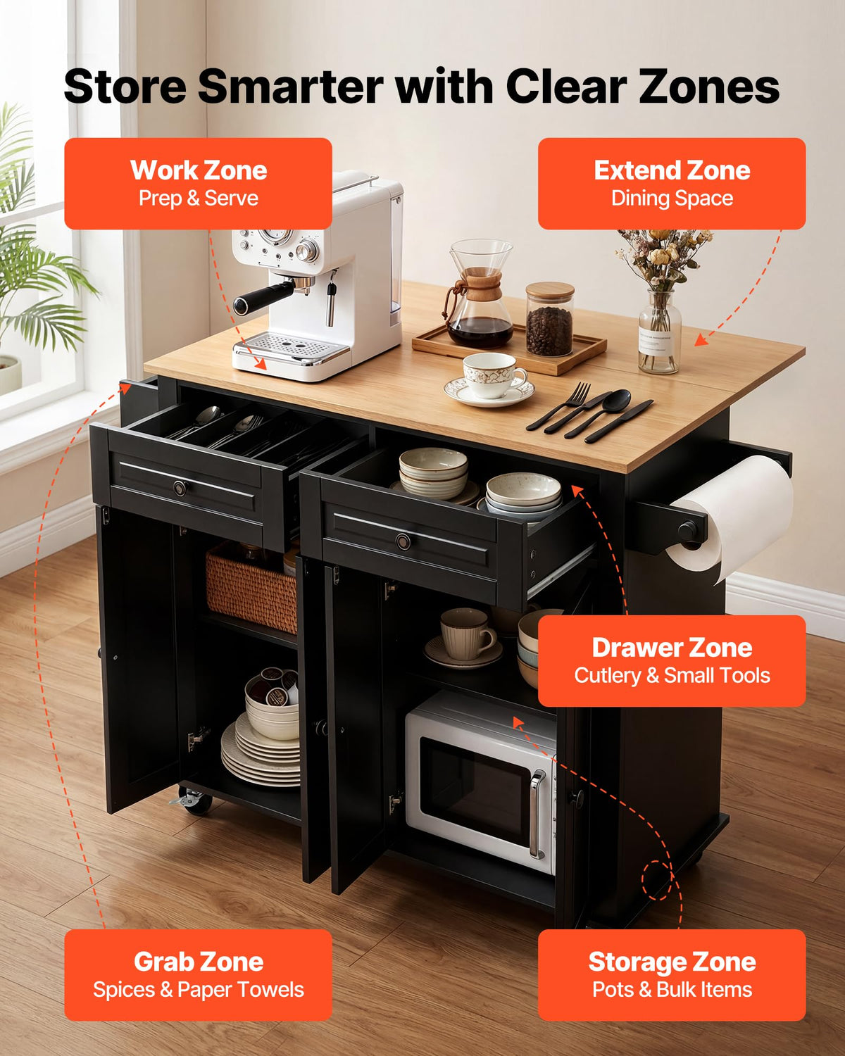 VEVOR Kitchen Island Cart with Storage, 43.58 in Wide Mobile Rolling Storage Island on Swivel Wheels, with 2 Drawers, Storage Cabinet, Drop Leaf, Spice/Towel Rack, Table for Home Dining Room, White