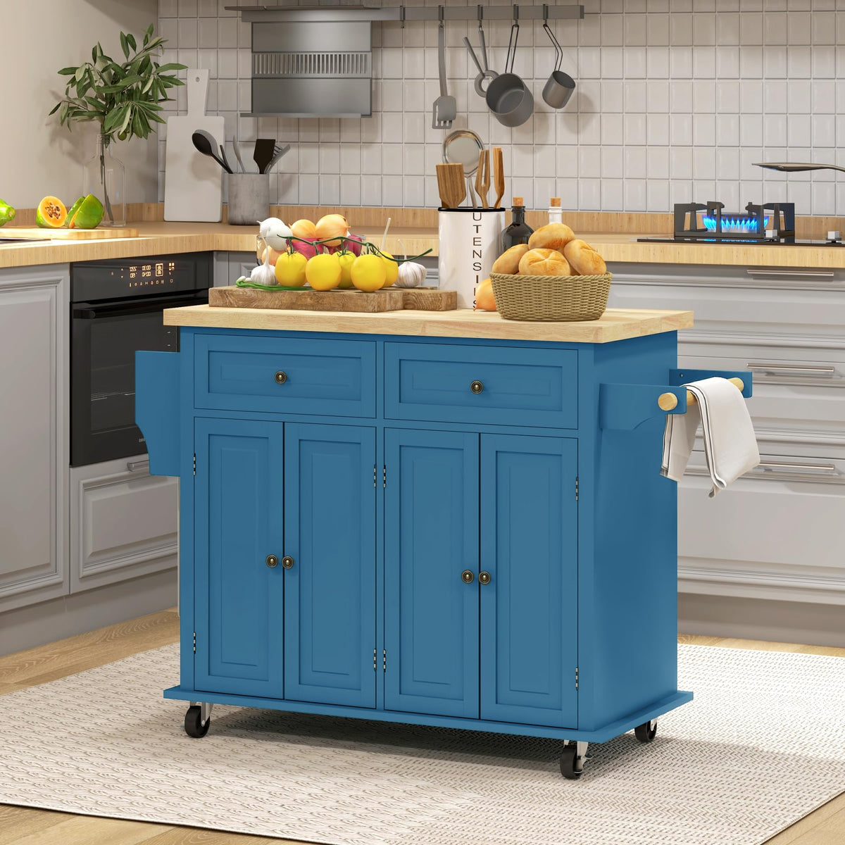 HOMCOM Kitchen Island Cart on Wheels with Solid Wood Top, 44" Cream White