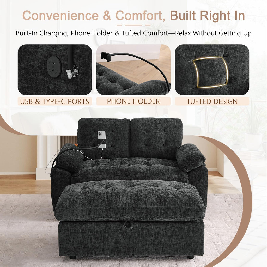 Oversized Chaise Lounge Chair Indoor, Single Convertible Recliner Reading Arm Sofa Chair W/Adjustable Backrest & Charging Port Couch Bed for Living Room, Home Theater & Bedroom, Brown