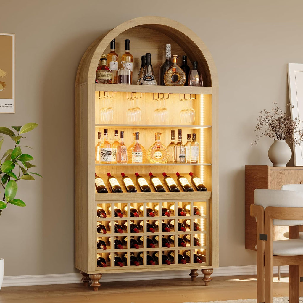 71" Tall Arched Wine Bar Cabinet with Wine Racks & Glass Holder, Wide Liquor Cabinets with LED Lights & Charing Ports, Kitchen Pantry Cupboard, Coffee Bar Storage Cabinet for Home, Dining Room (Oak)