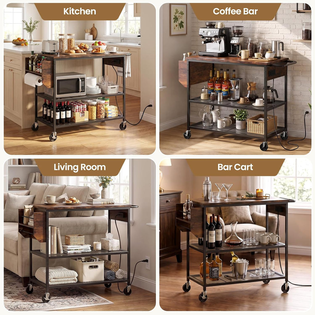 Rolling Kitchen Island with Storage, 3 Tier Kitchen Island Cart with Wheels,Wood Large Worktop, Storage Shelves, Lockable Casters, Power Outlet, Push Handle for Kitchen Dining Room