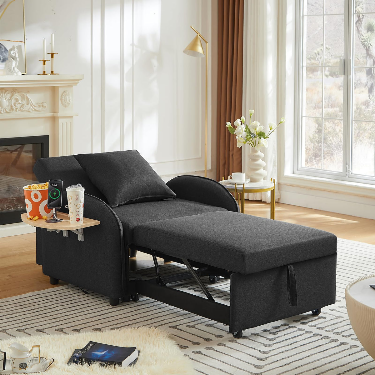 Convertible Single Sleeper Chair Bed,3 in 1 Velvet Futon Sleeper Sofa Bed with Phone Holder&USB Ports,Pull Out Couch Bed,Adjustable Recliner Armchair bed for Living Room,Office,Small Places(Grey)