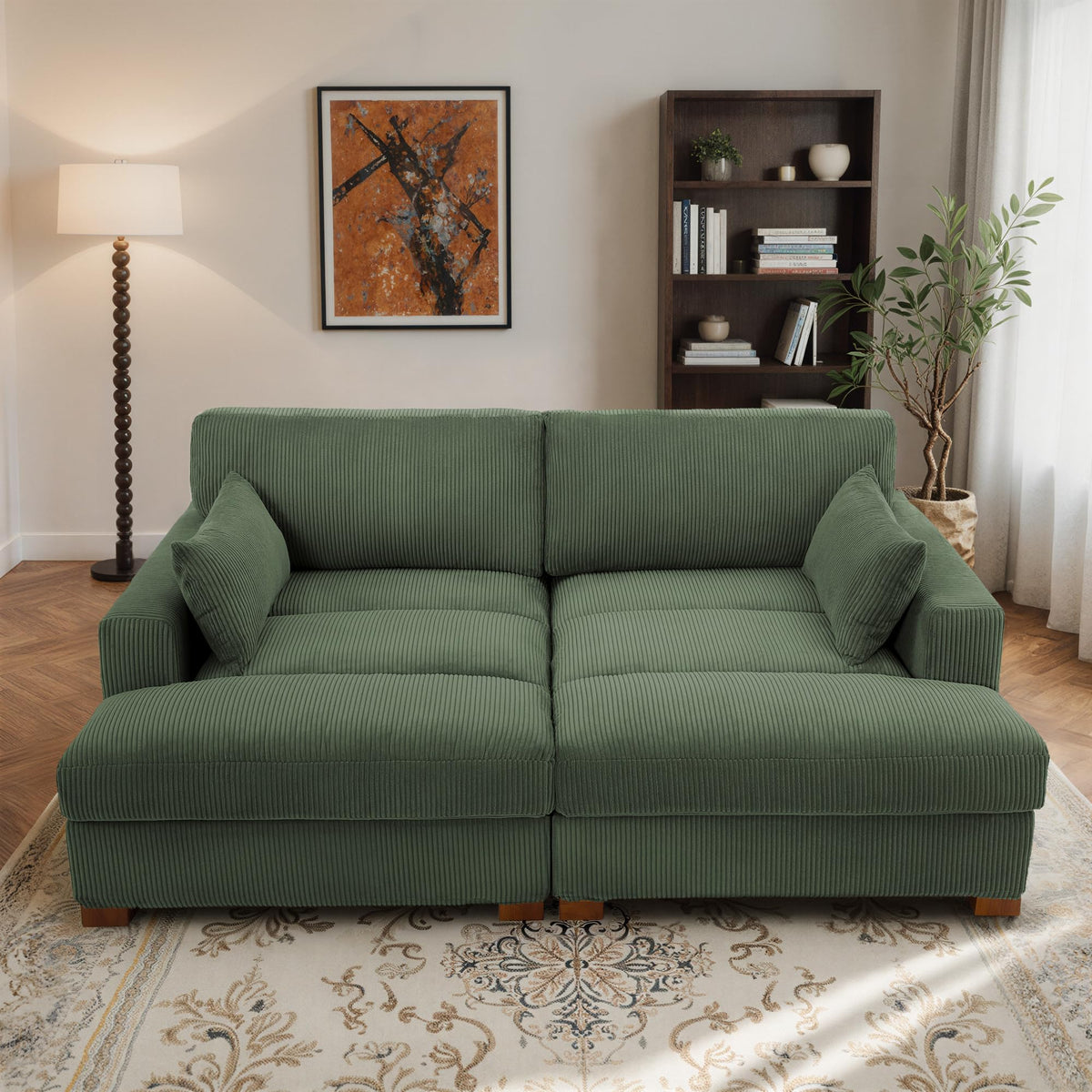 Oversized Corduroy Chaise Lounge Chair with Right Armrest & Cushion, Comfy Upholstered Sleeper Sofa Indoor Recliner Seat Solid Wood Couch w/Washable Cover for Bedroom, Living Room - Orange