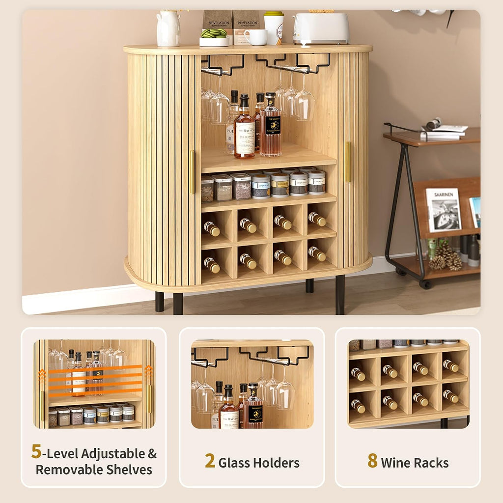 Natural Wine & Coffee Bar Cabinet with Gold Handle & Sliding Tambour Doors,Modern Curved Liquor Cabinet Coffee Station with 8*Wine Rack & 2*Glass Holders,5-Level Adjustable Shelf & Side Hidden Storage