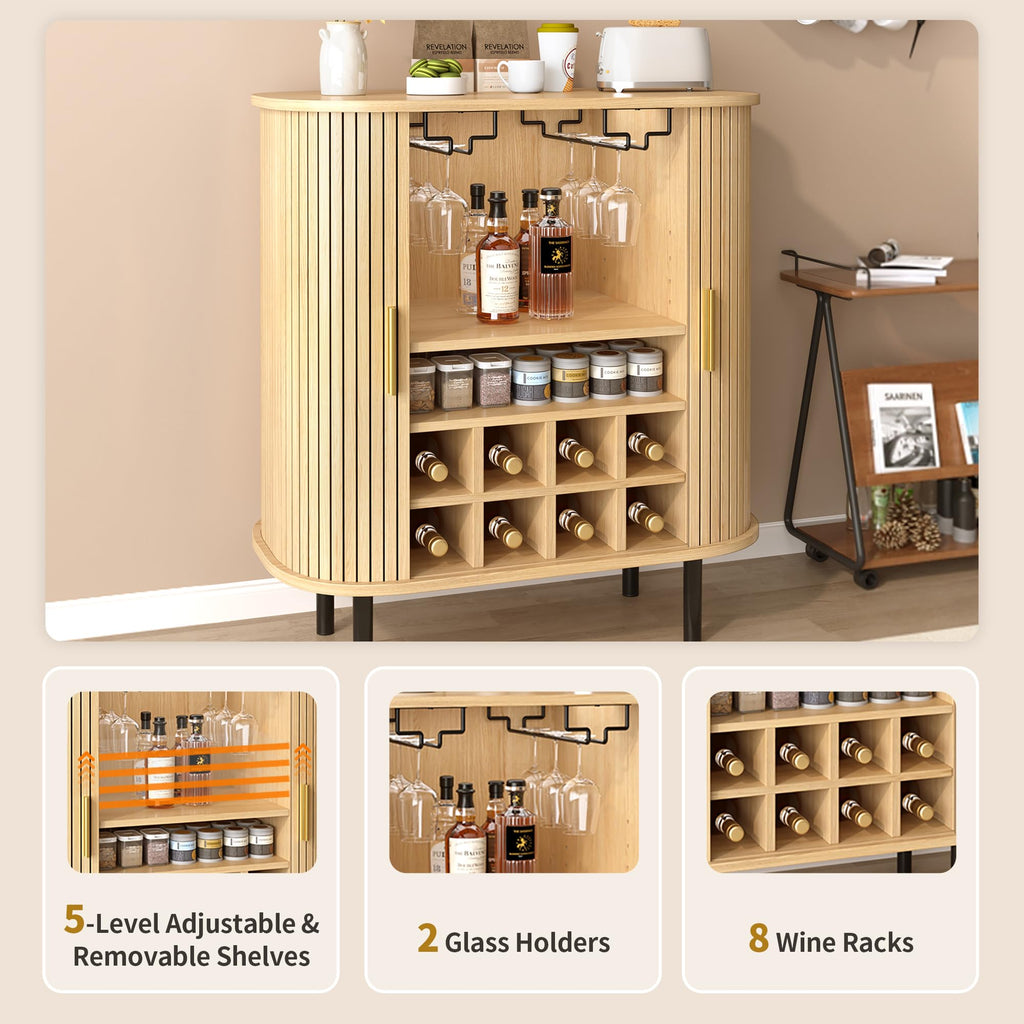 28" Fluted Wine Bar Cabinet with Storage, Modern Liquor Cabinets, Walnut