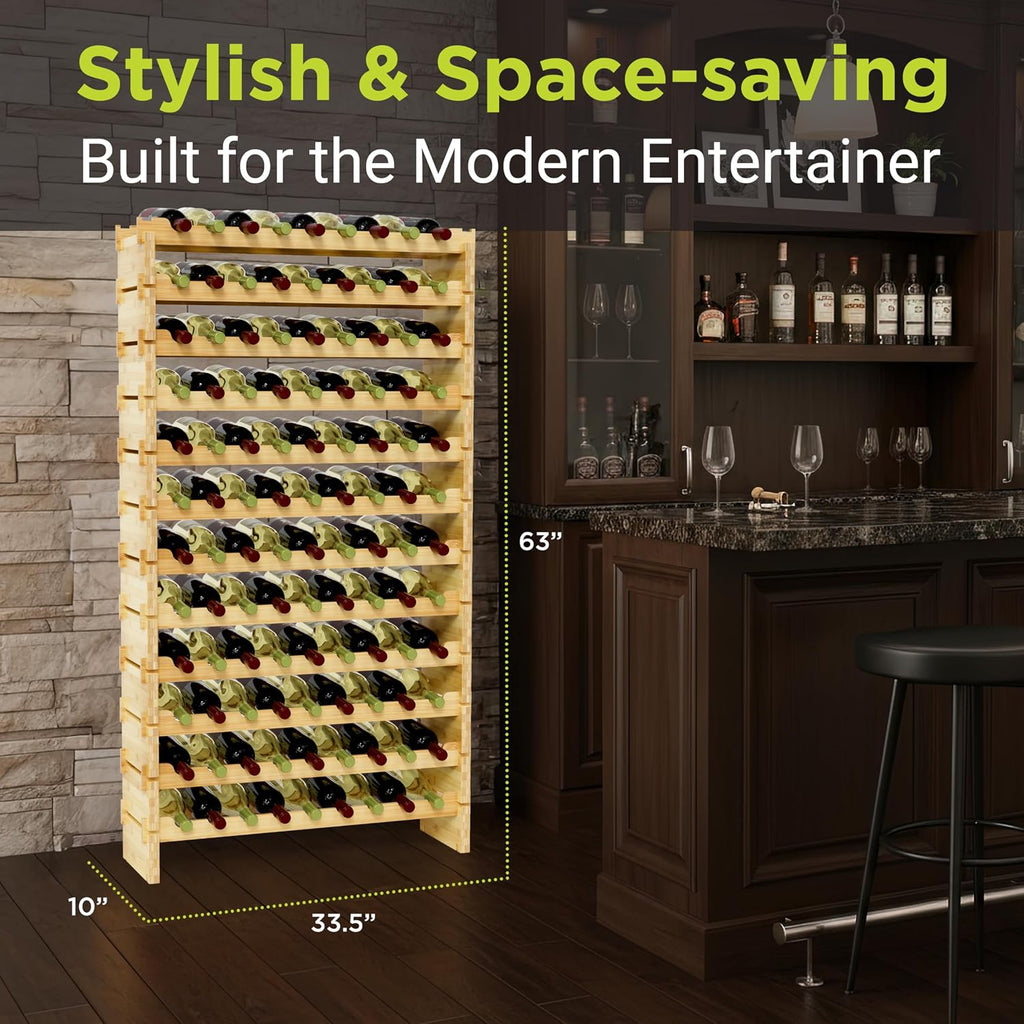NutriChef 108 Bottle Stackable Modular Wine Rack, Upgraded 1â Thick Sideboard, .5â Rack Sticks, Sturdy Wobble Free Natural Bamboo Construction, Protective Moisture Resistant Finish, 33.5" x 10" x 63"