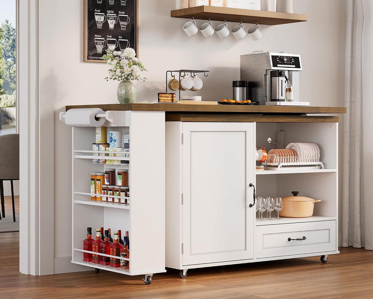 RALGEND Rolling Kitchen Island with 360Â° Swivel Tabletop, Large Kitchen Island Table with Power Outlet, Mobile Kitchen Island Cart with Storage Cabinets for Kitchen & Office, White and Walnut