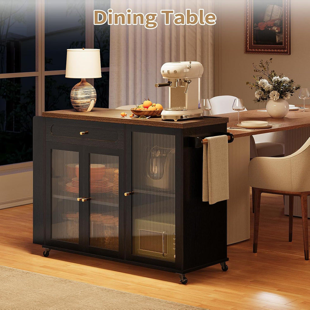 Kitchen Island with Power Outlet - Kitchen Cart on Wheels with Storage Cabinets & Drawers, Rolling Island Table with Spice & Towel Rack, Portable Islands with Large Wood Counter, Dinning Room