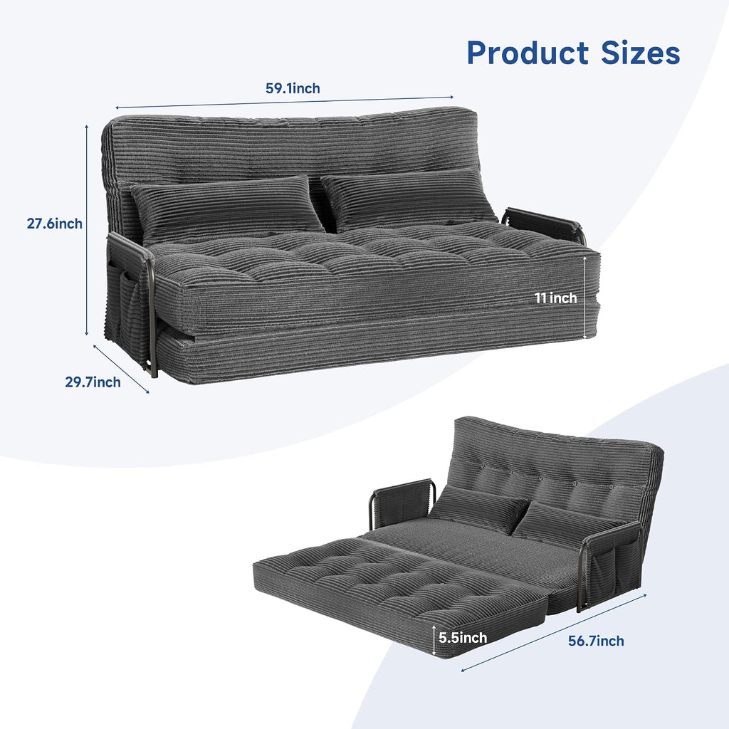 3-in-1 Folding Sofa Bed,Convertible Sleeper Chair with Armrests & Adjustable Backrest,Corduroy Futon Couch Floor Sofa Lounge with Pillow for Living Room Bedroom,Double,Dark Gray