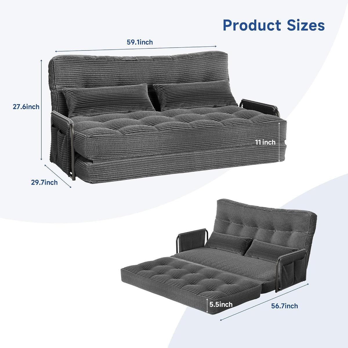 3-in-1 Folding Sofa Bed,Convertible Sleeper Chair with Armrests & Adjustable Backrest,Corduroy Futon Couch Floor Sofa Lounge with Pillow for Living Room Bedroom,Double,Dark Gray
