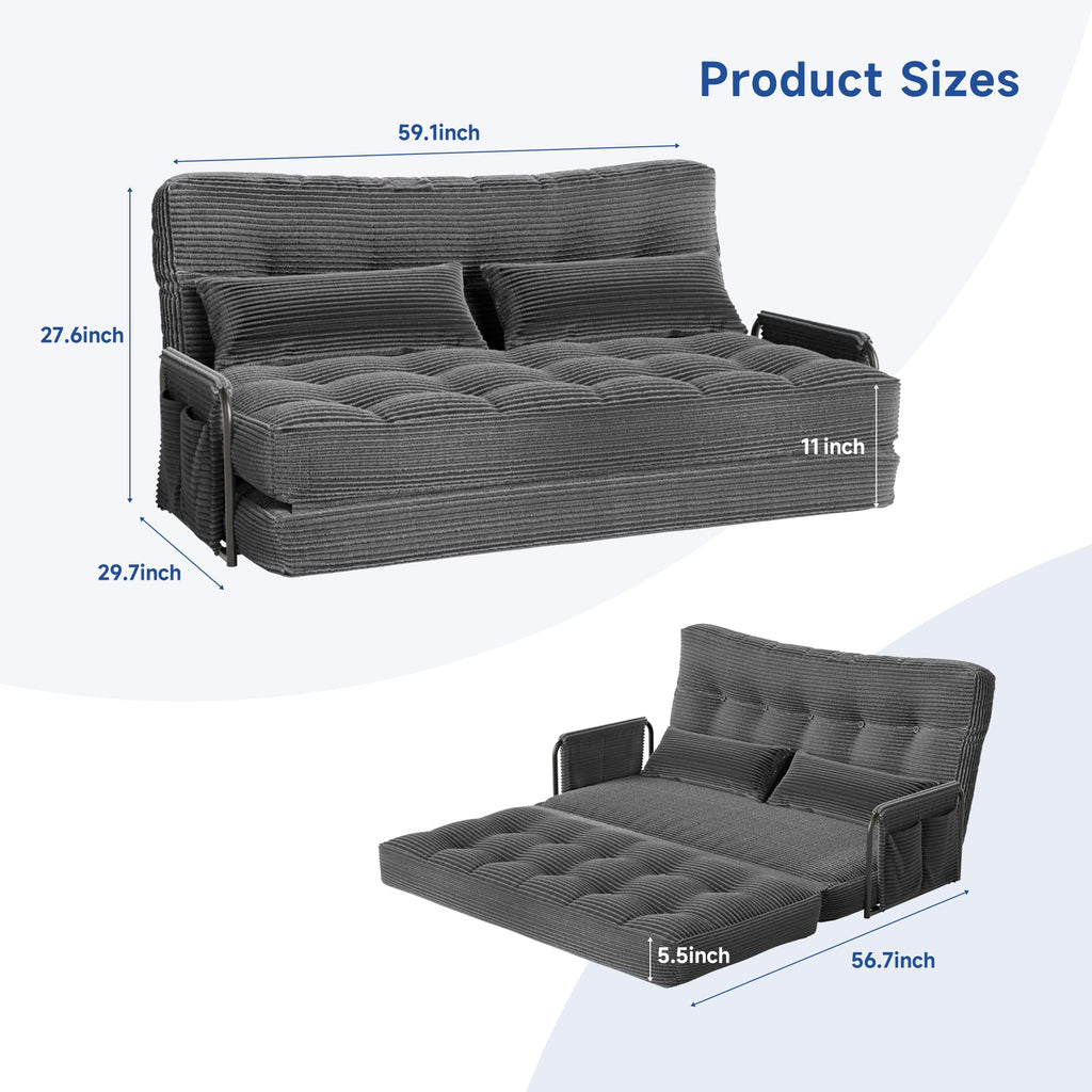 3-in-1 Folding Sofa Bed,Convertible Sleeper Chair with Armrests & Adjustable Backrest,Corduroy Futon Couch Floor Sofa Lounge with Pillow for Living Room Bedroom,Double,Dark Gray