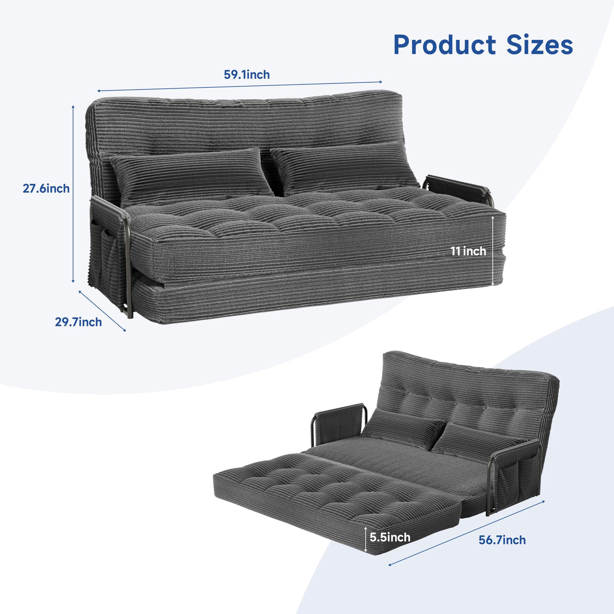 3-in-1 Folding Sofa Bed,Convertible Sleeper Chair with Armrests & Adjustable Backrest,Corduroy Futon Couch Floor Sofa Lounge with Pillow for Living Room Bedroom,Double,Dark Gray