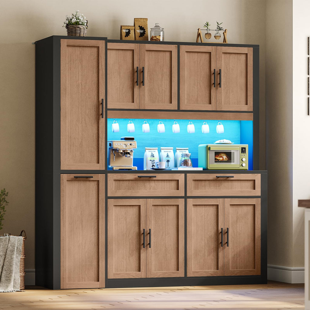 Itaar 71" Kitchen Pantry Cabinet with Charging Station and Led Light, Kitchen Storage Cabinets with Microwave Stand, 59" Wide Pantry Storage Cabinet with Storage Cart 3 Tier for Dining Room, White