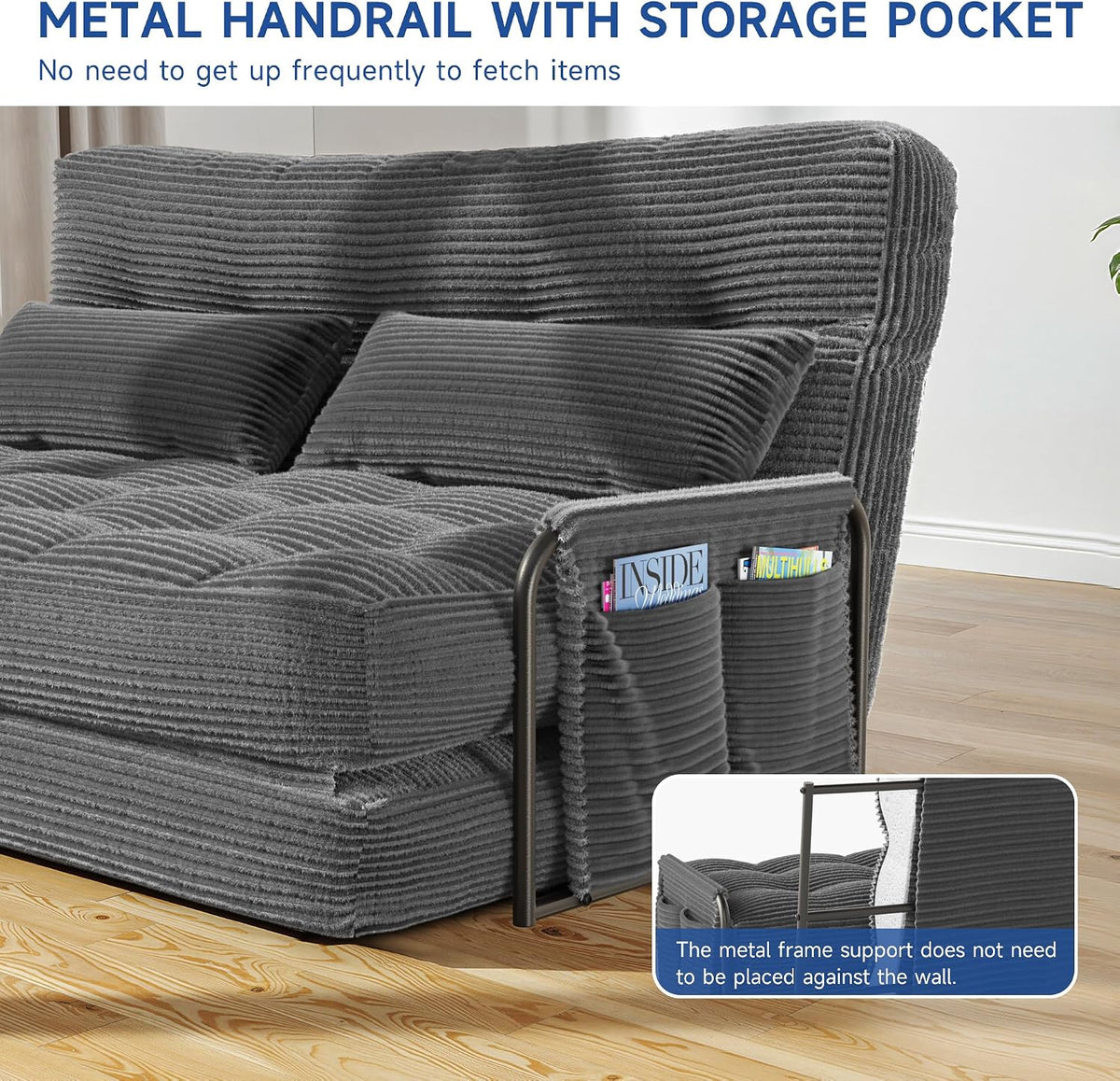 3-in-1 Folding Sofa Bed,Convertible Sleeper Chair with Armrests & Adjustable Backrest,Corduroy Futon Couch Floor Sofa Lounge with Pillow for Living Room Bedroom,Double,Dark Gray