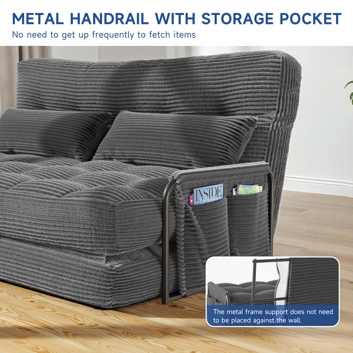 3-in-1 Folding Sofa Bed,Convertible Sleeper Chair with Armrests & Adjustable Backrest,Corduroy Futon Couch Floor Sofa Lounge with Pillow for Living Room Bedroom,Double,Dark Gray