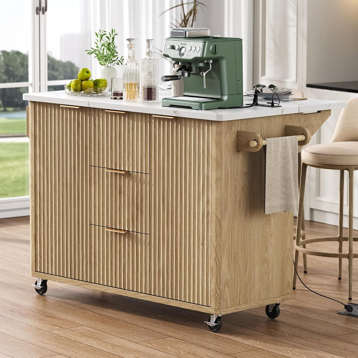Large Fluted Kitchen Island Cart on Wheels with Storage, Natural