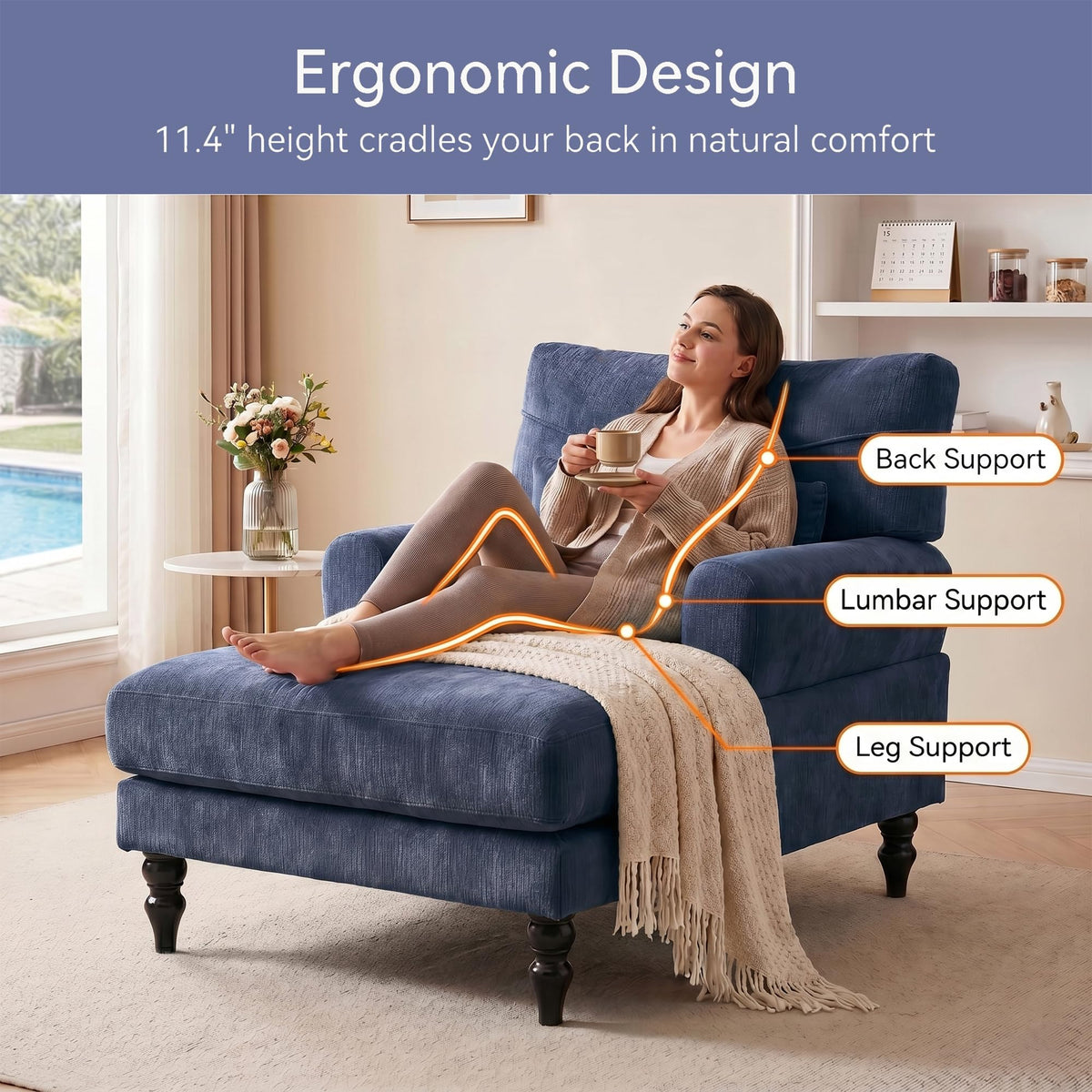 35" Modern Chenille Chaise Lounge Chair (Green)